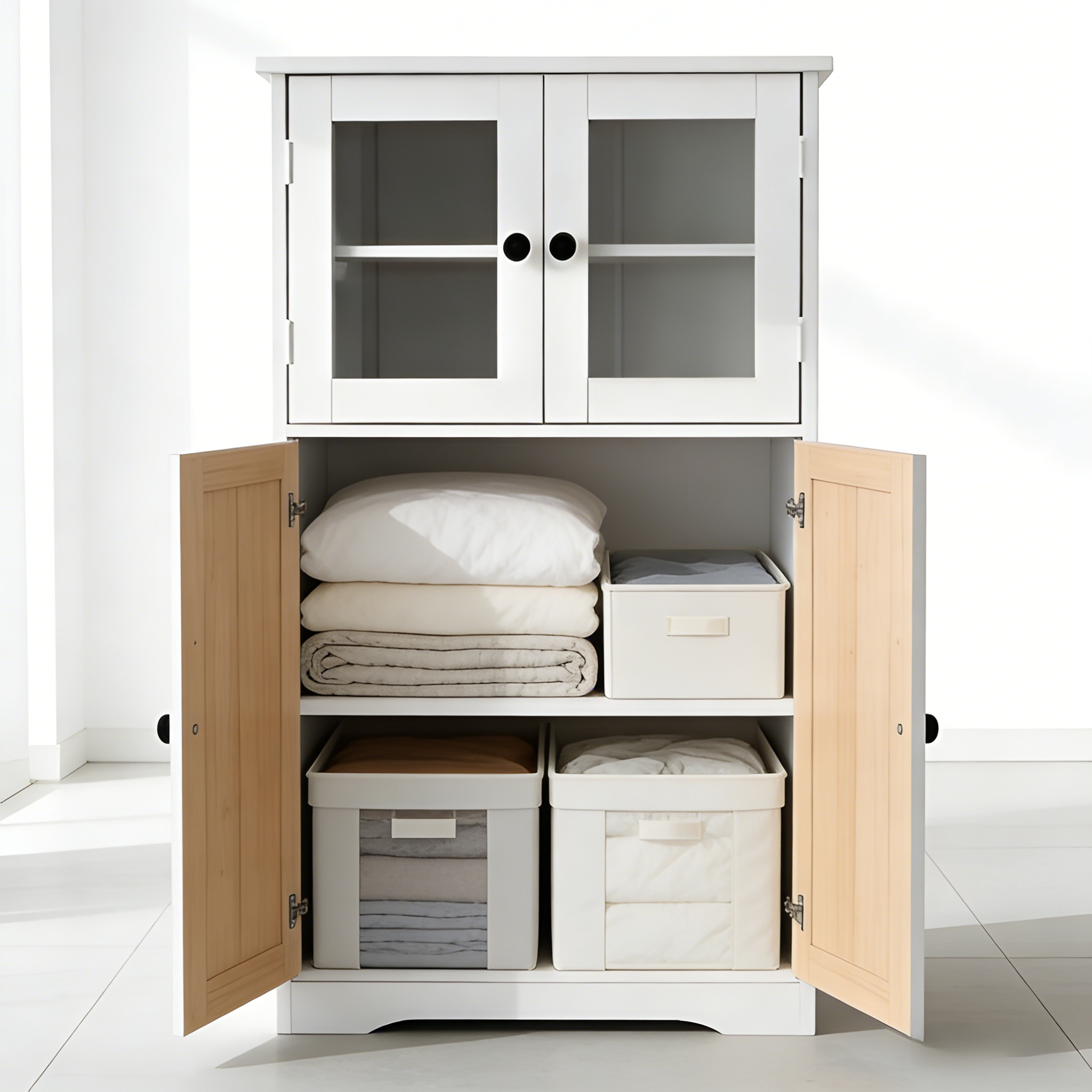 유리문이 투명하게 보이는 수납장 문 열림 상태