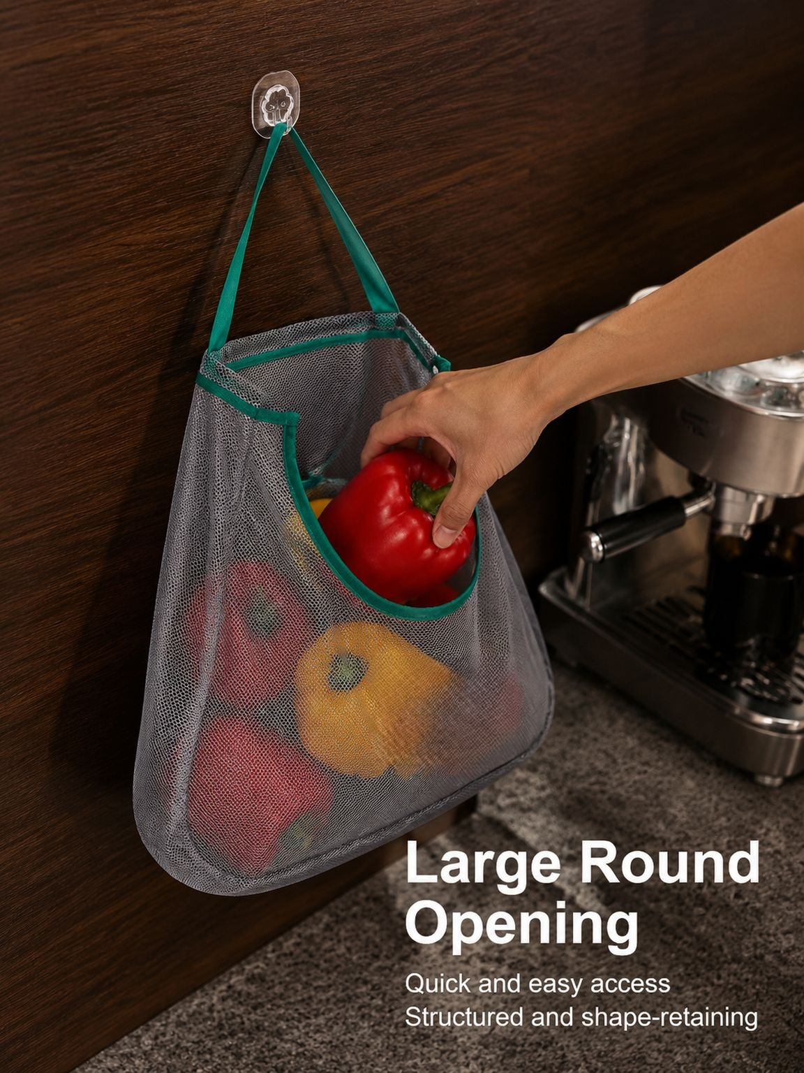 Space saving kitchen wall storage organizer with hanging design