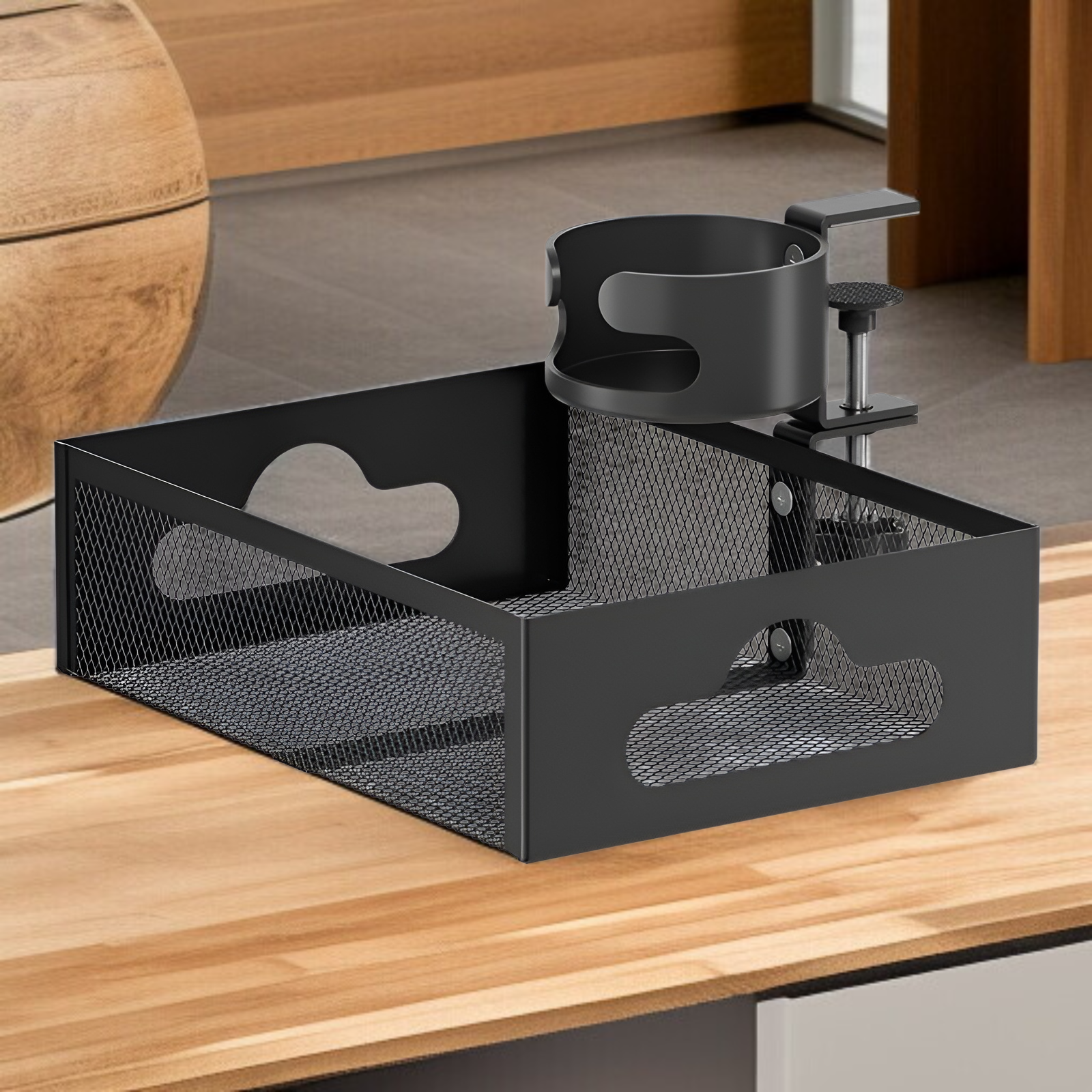 デスク下ケーブル管理ラック、ドリル不要のメッシュバスケットケーブルオーガナイザー、電源タップホルダー、デスク下ケーブル管理カップホルダー