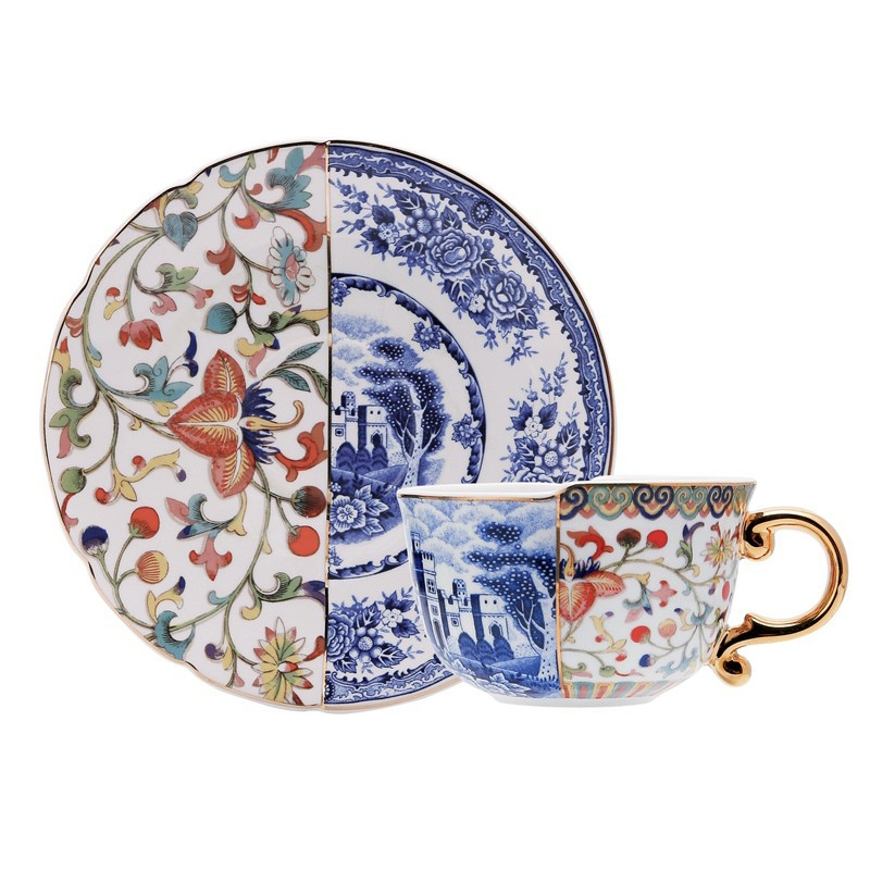 ヨーロピアン金彩ブルー＆ホワイトレトロ高級陶器コーヒーカップ＆ソーサーセット