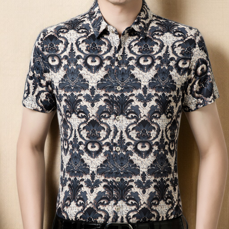 Camisa floral de manga corta de seda helada, no requiere planchado.