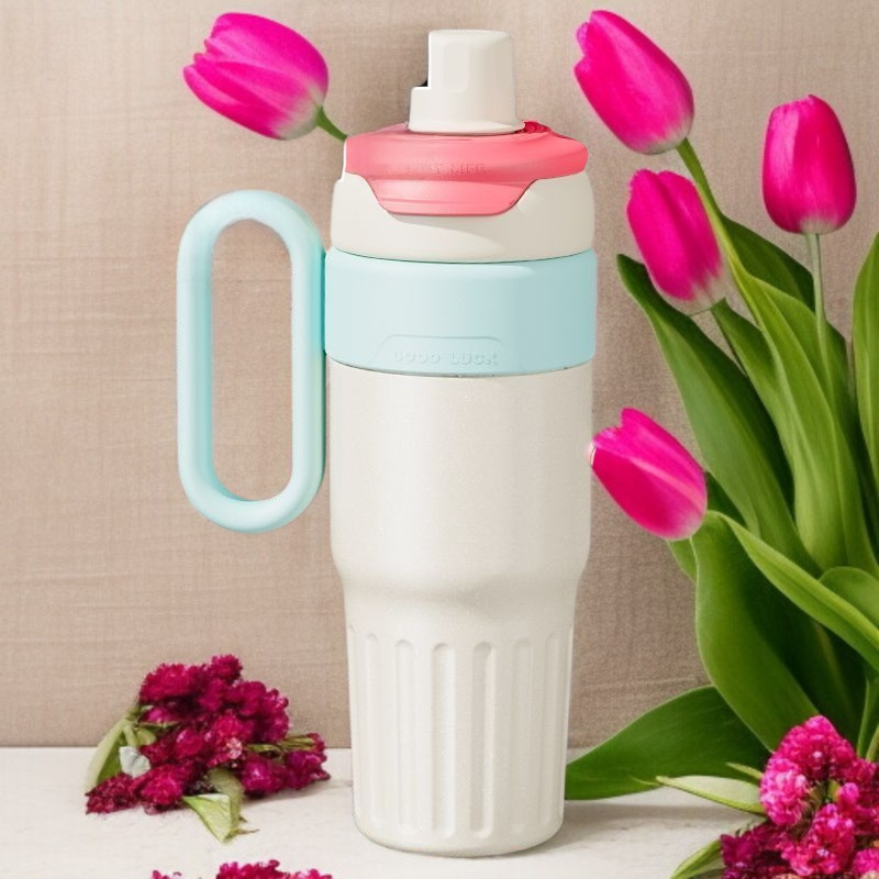 대용량 더블 진공 텀블러 학생 휴대용 비주얼 플라워 티컵 보냉 아이스컵 마카롱 빨대 물컵