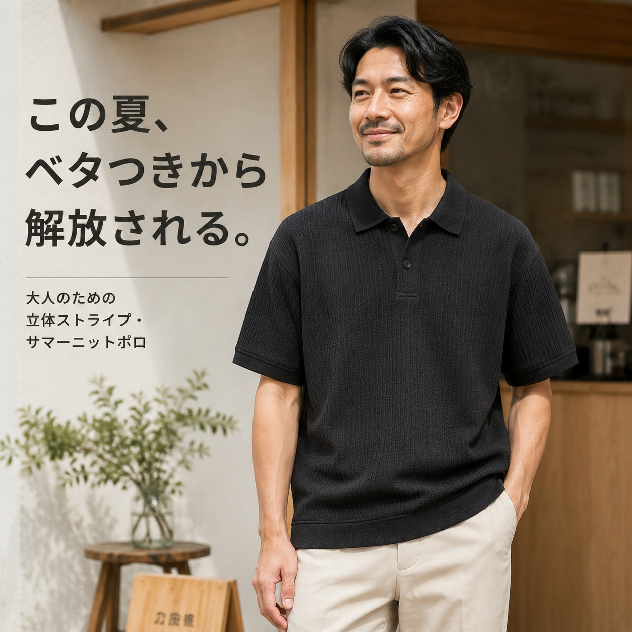 夏用メンズオールドマネースタイル縦縞ニットポロシャツ