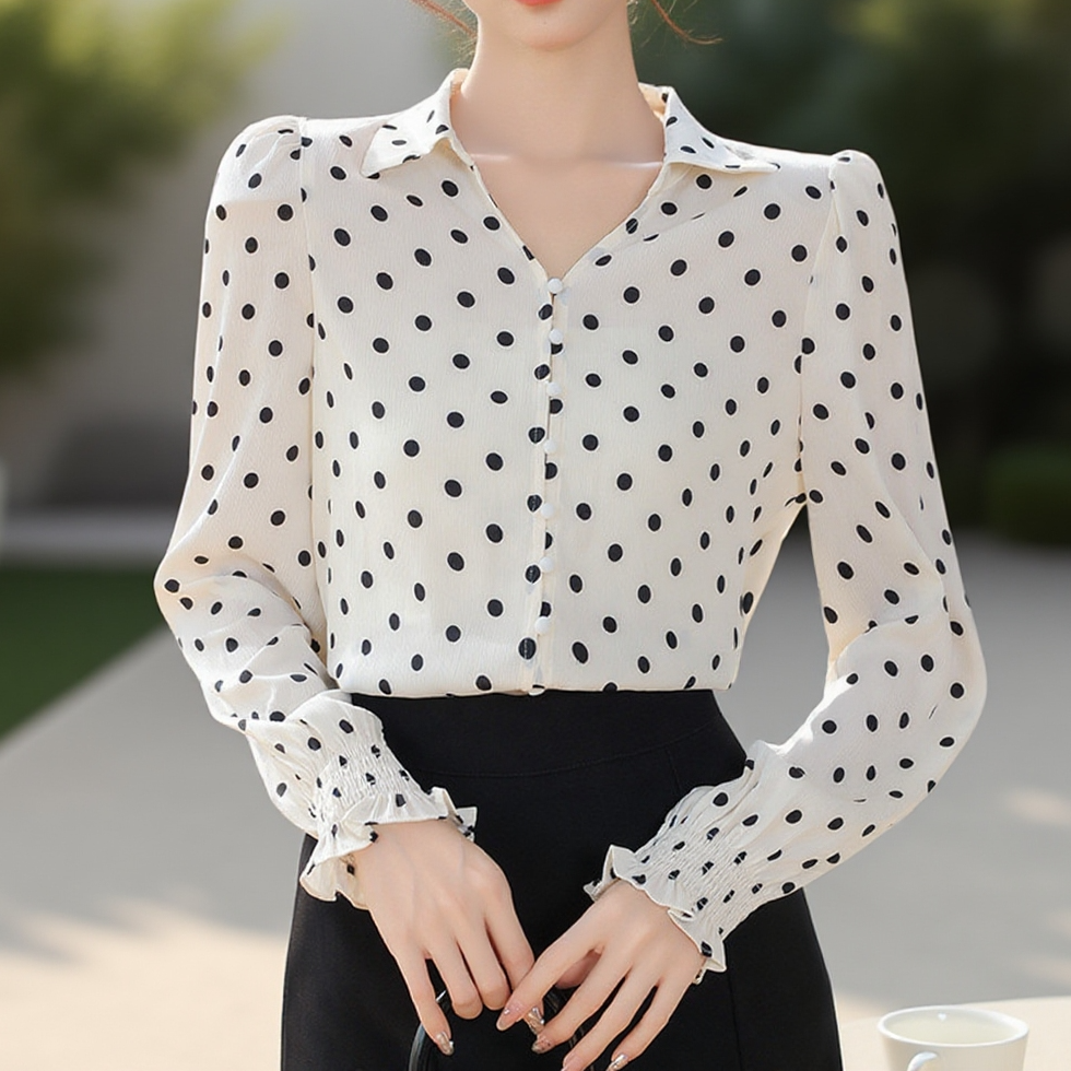 여성 고급감 브이넥 흑백 웨이브 긴팔 셔츠