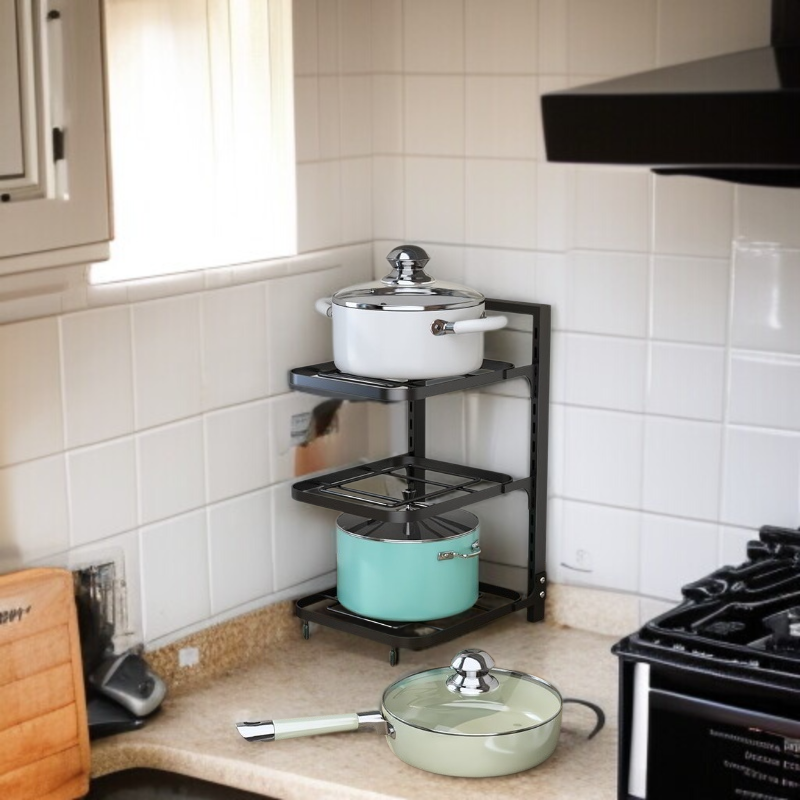 キッチン多段棚高さ調節可能収納棚 フライパンクリップオーガナイザー シンク下コーナー折りたたみキッチンポットラック