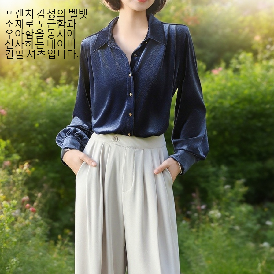 여성 프렌치 벨벳 네이비 긴팔 셔츠