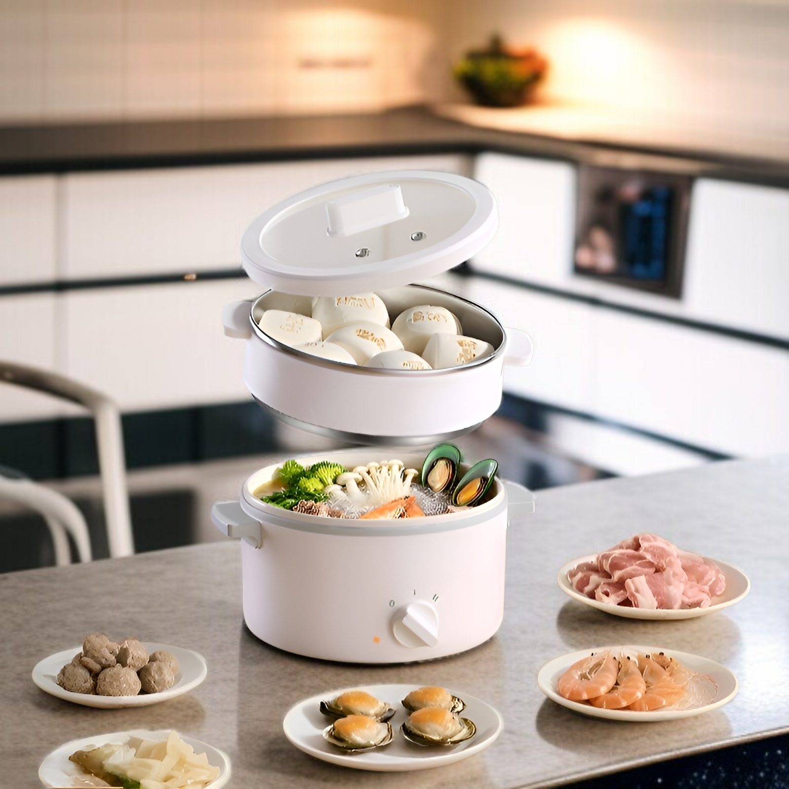 Kompakter multifunktionaler Tisch-Dampfgarer, 1,5L Kapazität, Zwei-Etagen, Schimmelresistent