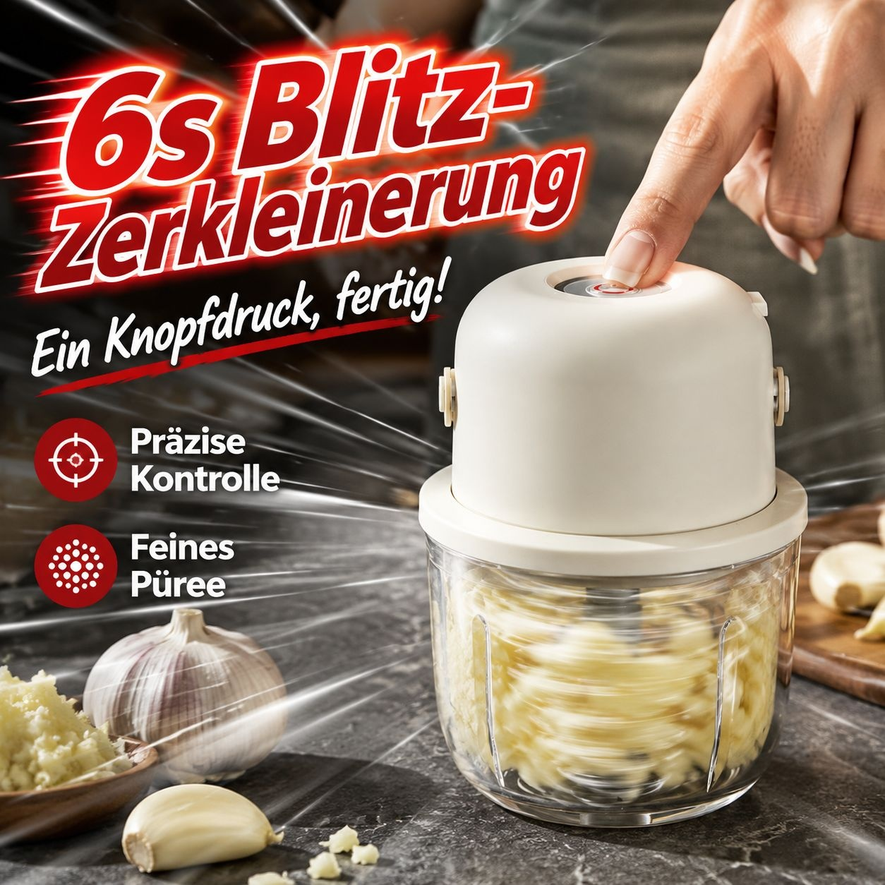 Kompakter Allzweckmixer zum Zerdrücken von Knoblauch und Hackfleisch