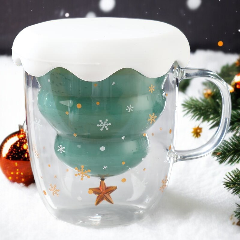 Doppelwandiges Glas mit rotem Henkel, Weihnachtsbecher 2025