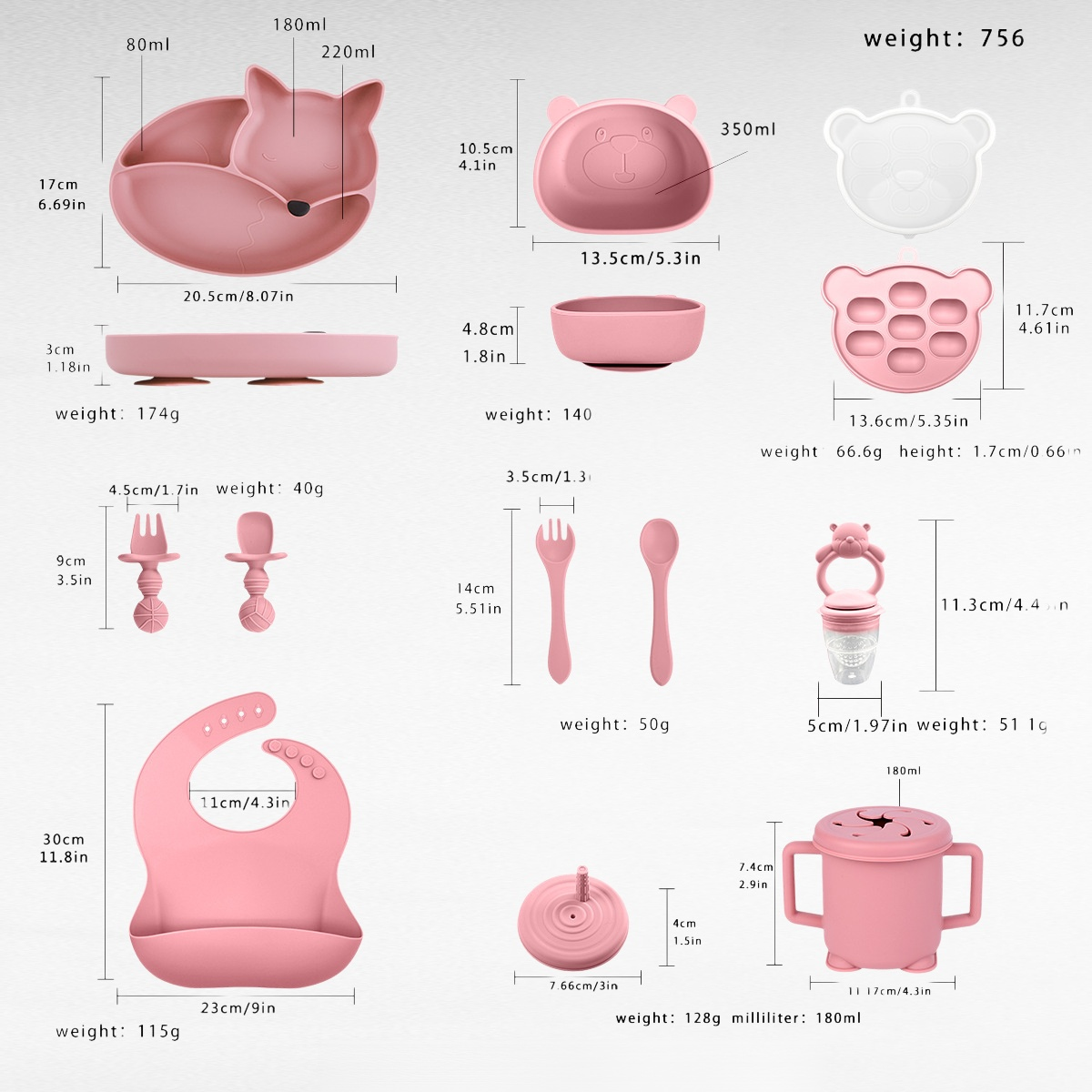  Infant Silicone Suction Bowl and Plate Set, Fox Design Feeding Tableware