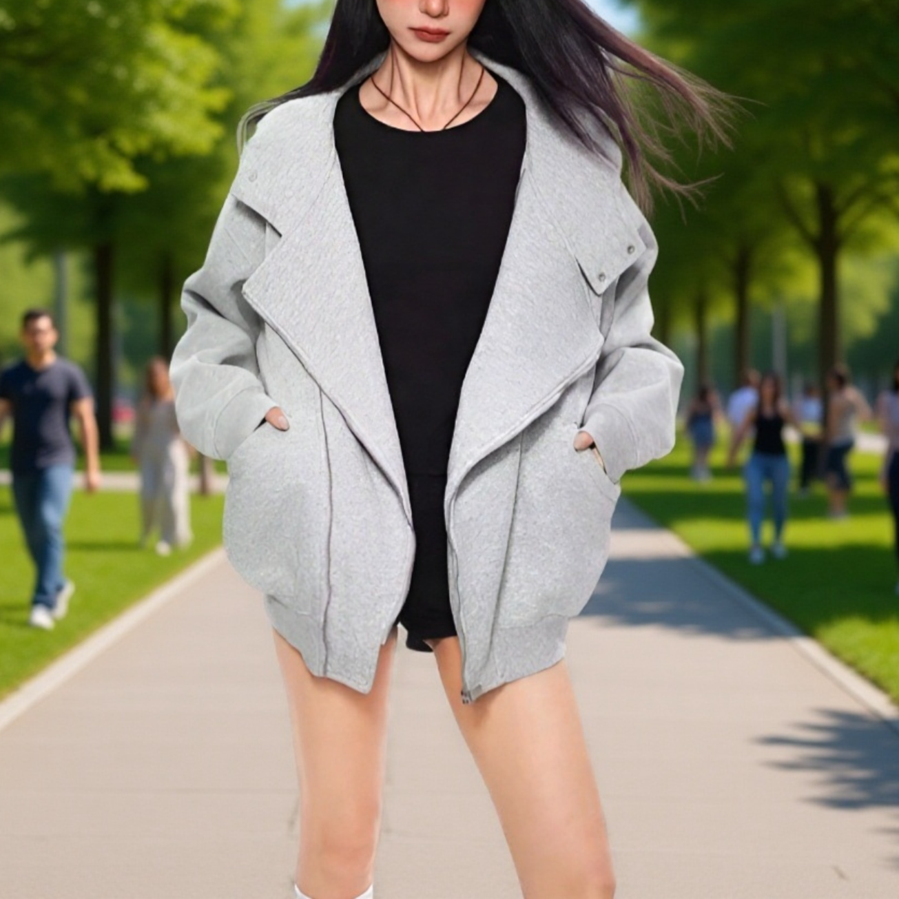 ゆったりダブルファスナー付きパーカー女性用