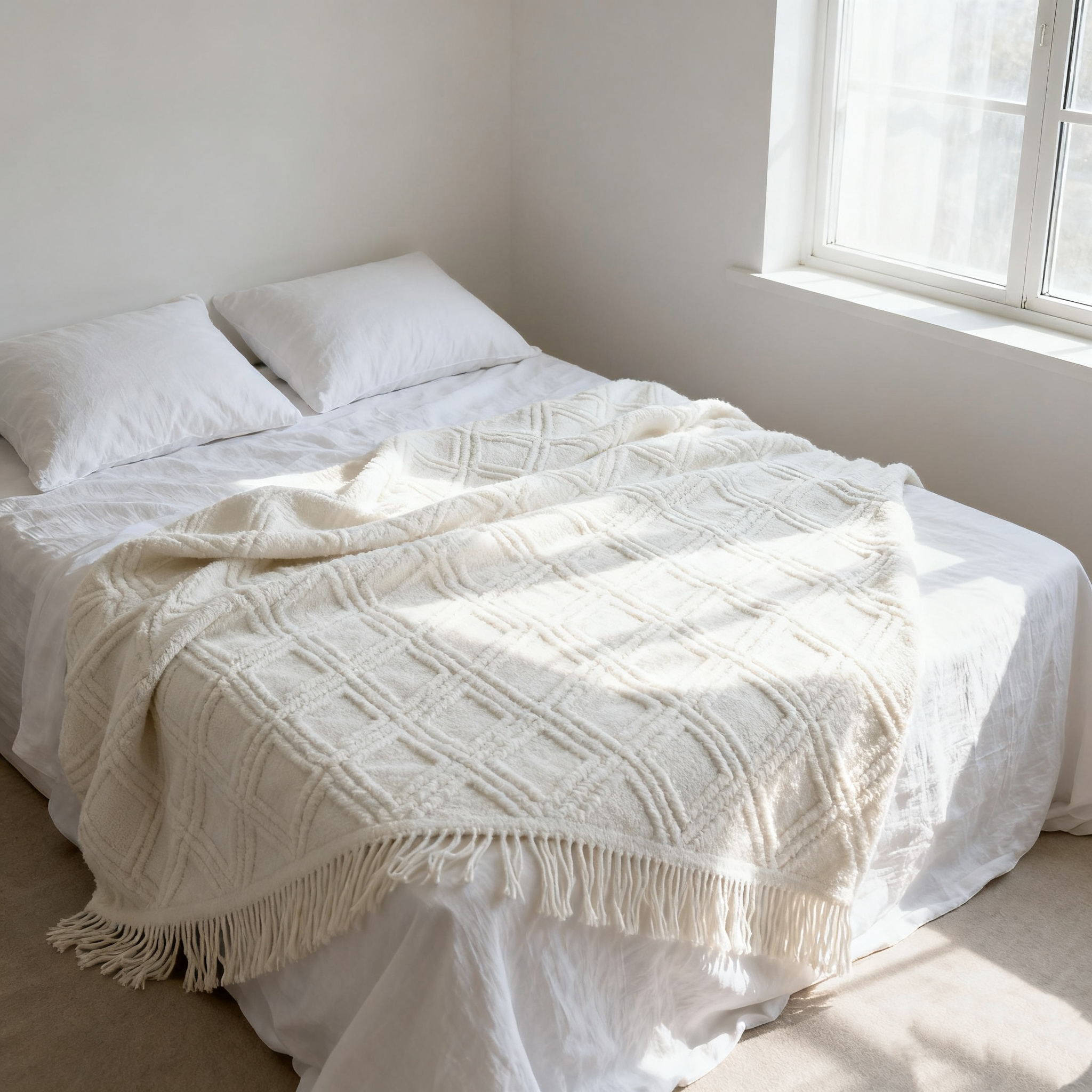 Detalle del diseño de diamante en la manta blanca 1.8x1.8