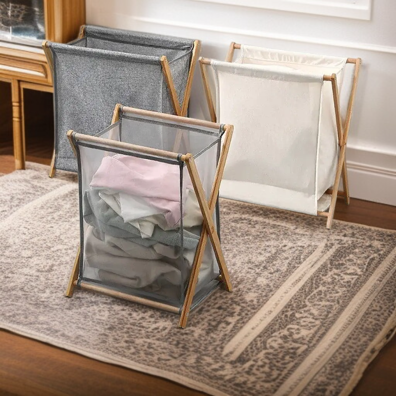 Eco-Friendly PVC Bamboo Laundry Hamper, Convenient Foldable Home Organizer Basket