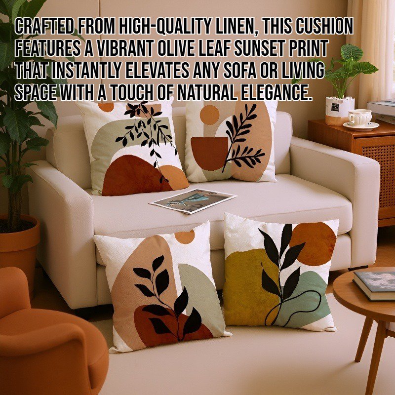 Olive leaf sunset print linen sofa cushion