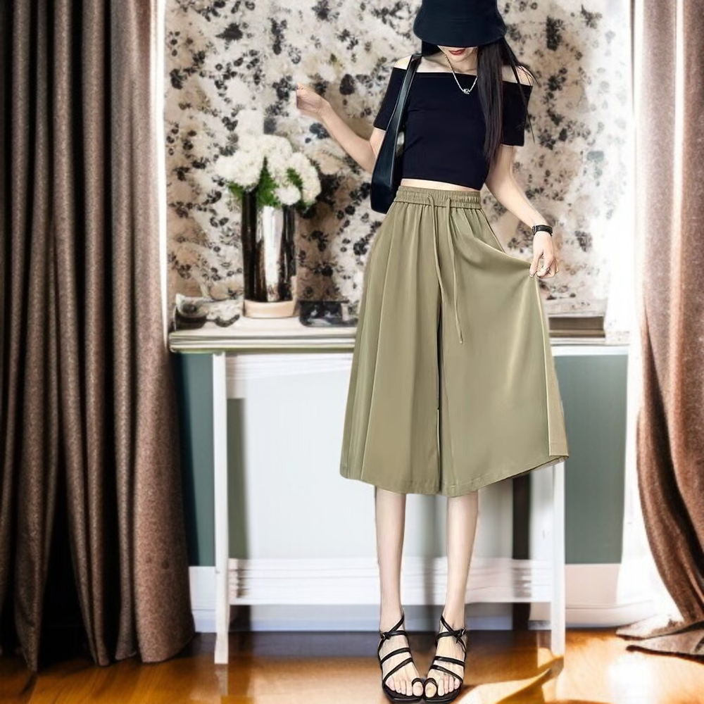 여자 여름 루즈핏 하이웨스트 와이드 치마바지 드롭 스트링 칠부 치마바지