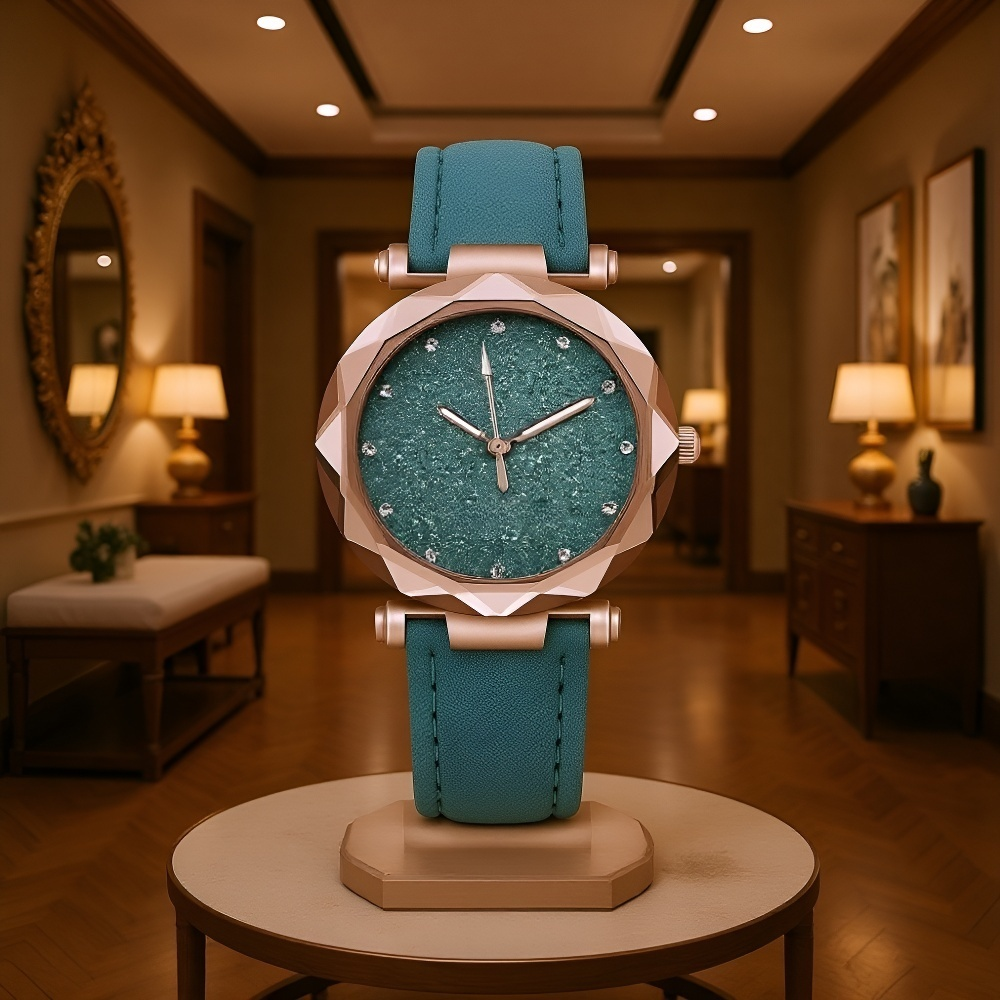 ساعة يد بعلبة باللون الذهبي الوردي وحزام جلدي مطفأ اللمعان