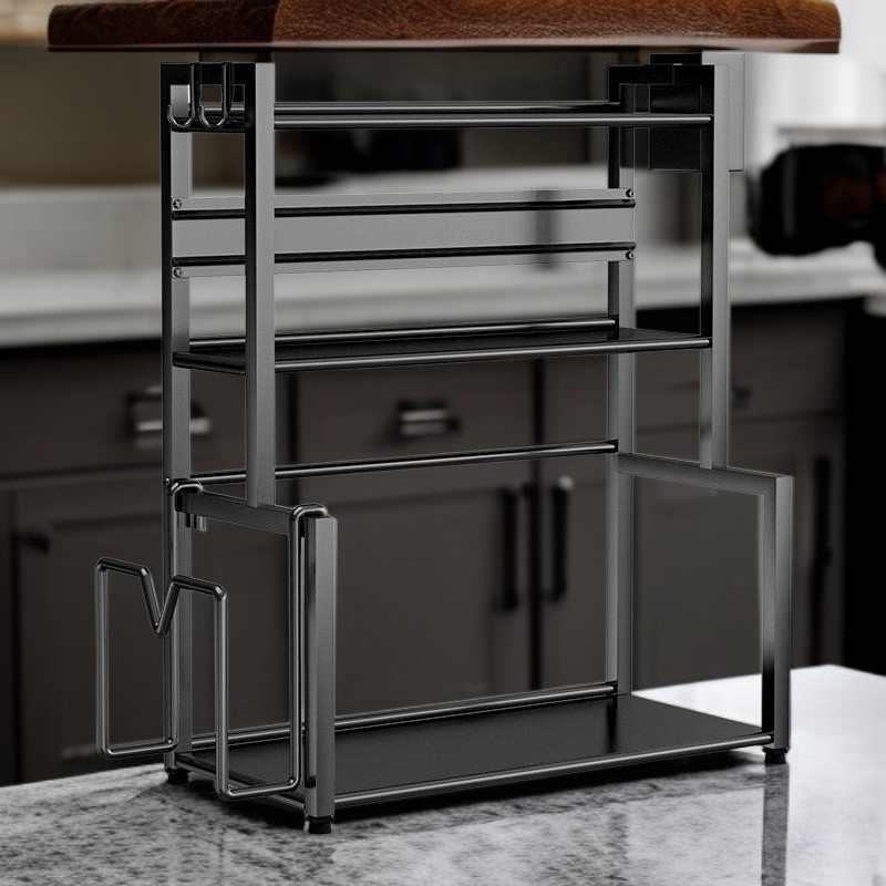  多機能キッチン収納ラック ステンレス製 調味料収納用 ブラック