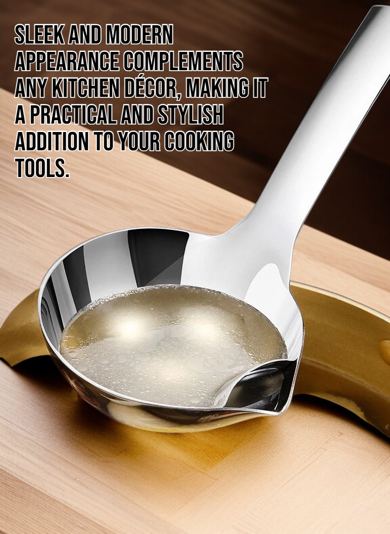 Close-up of oil separator spoon filtering soup