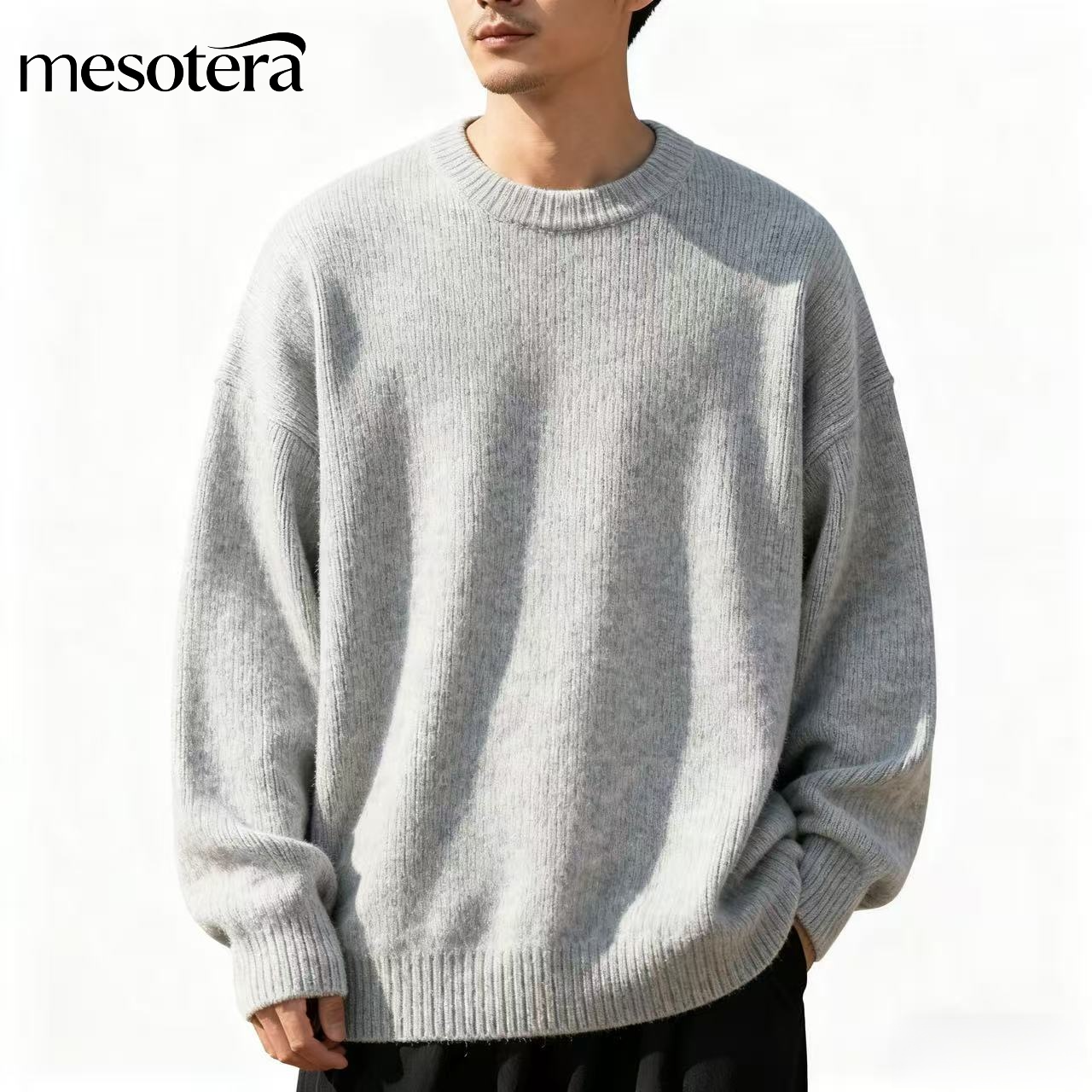 メンズグレーセーター フリース裏地 リラックススタイル