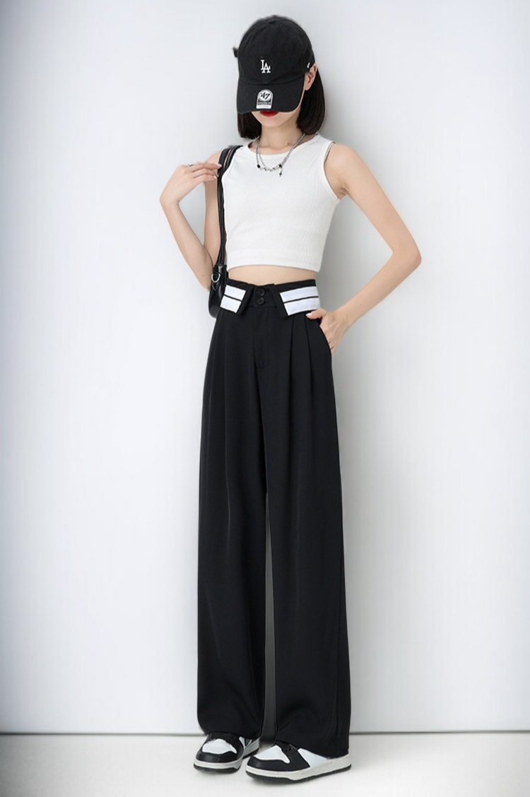 여름 홍콩 캐주얼 와이드 팬츠 그레이 하이웨스트 드롭 슬랙스 정장바지 여 플랩 슬림 와이드 팬츠