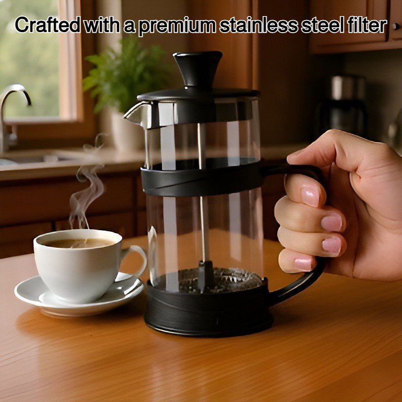 Coffee maker with stainless steel filter, tea maker, heat and cold resistant French press.
