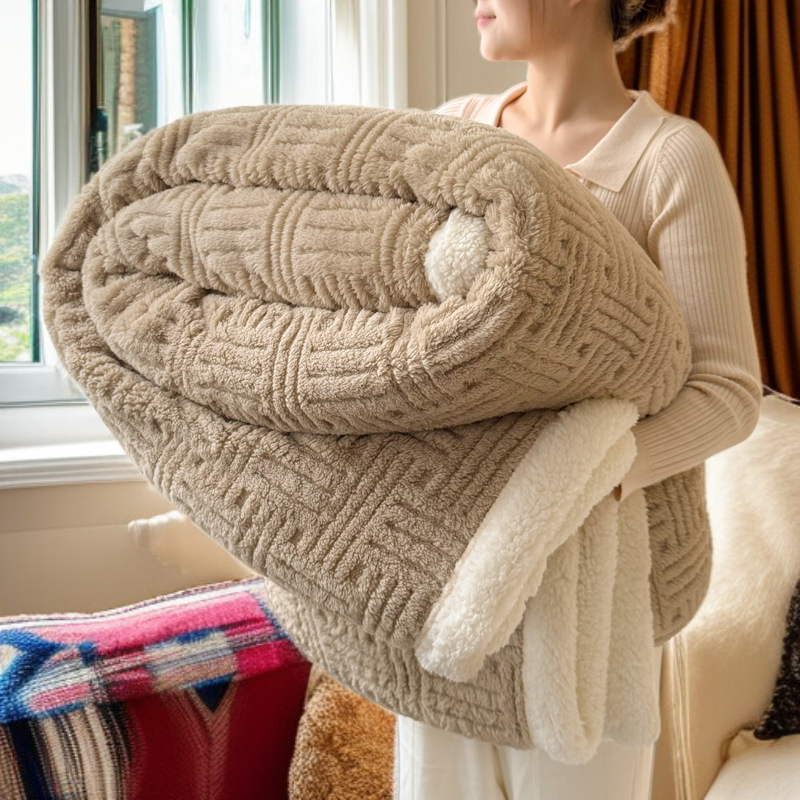 羊羔絨雙層加厚雕花毯子