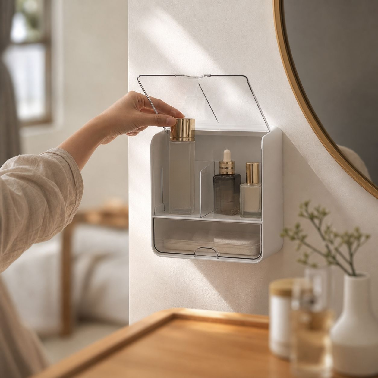 壁掛け式のバスルームミラーキャビネット収納ボックス。フェイスタオル、トイレ用綿棒、化粧品などを収納できます。