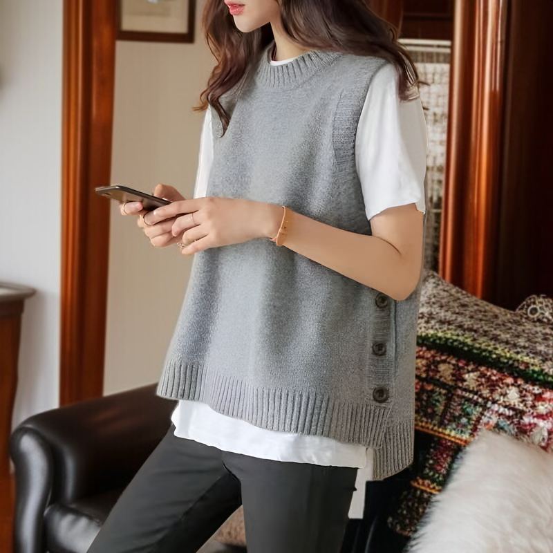 春/秋の新作ミスティブルーニットベスト、エレガントで若々しい、ラウンドネック、アーティスティックスタイル、カジュアルなレディース服。
