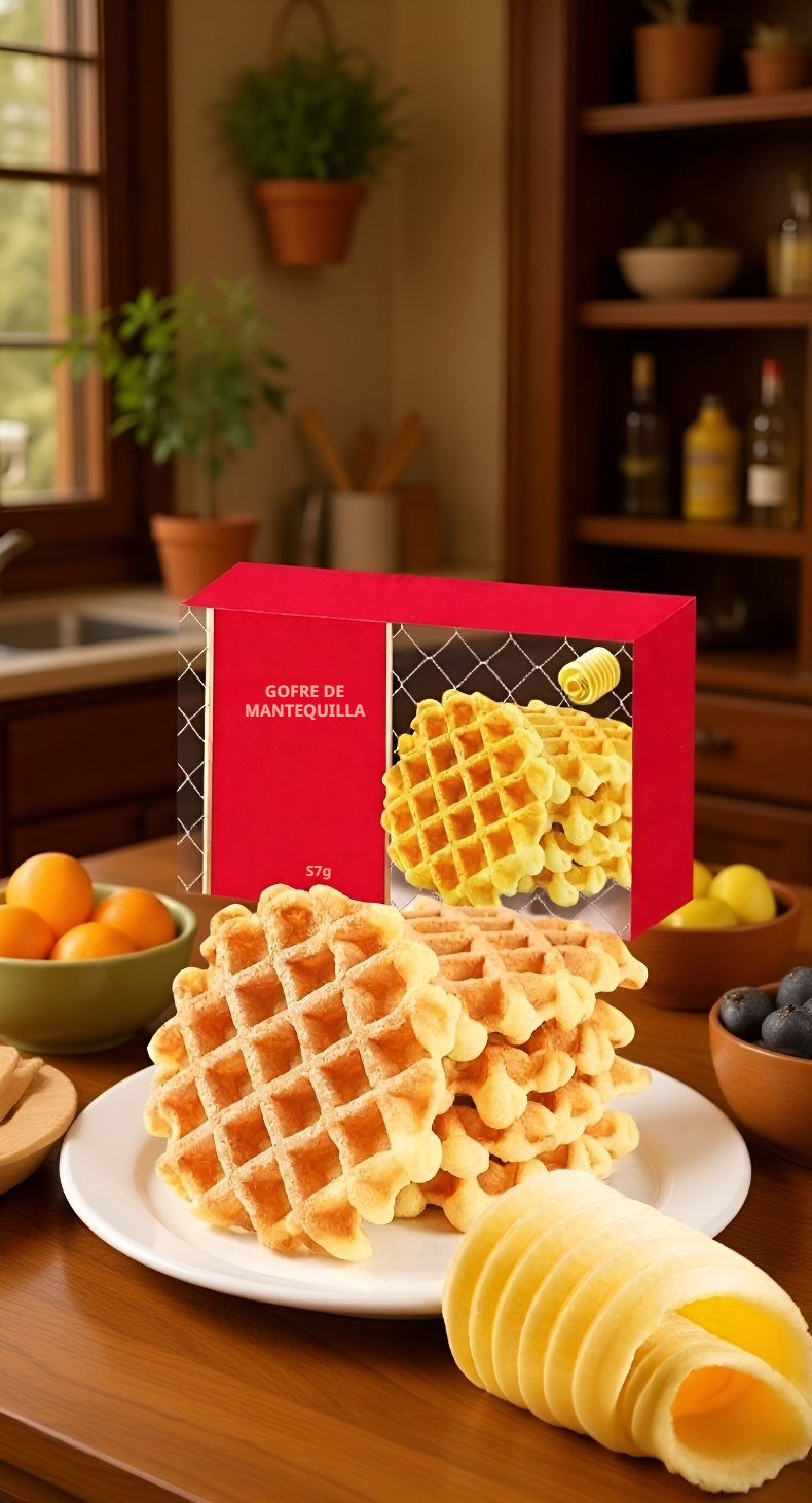 Pastel de gofre con mantequilla en plato blanco