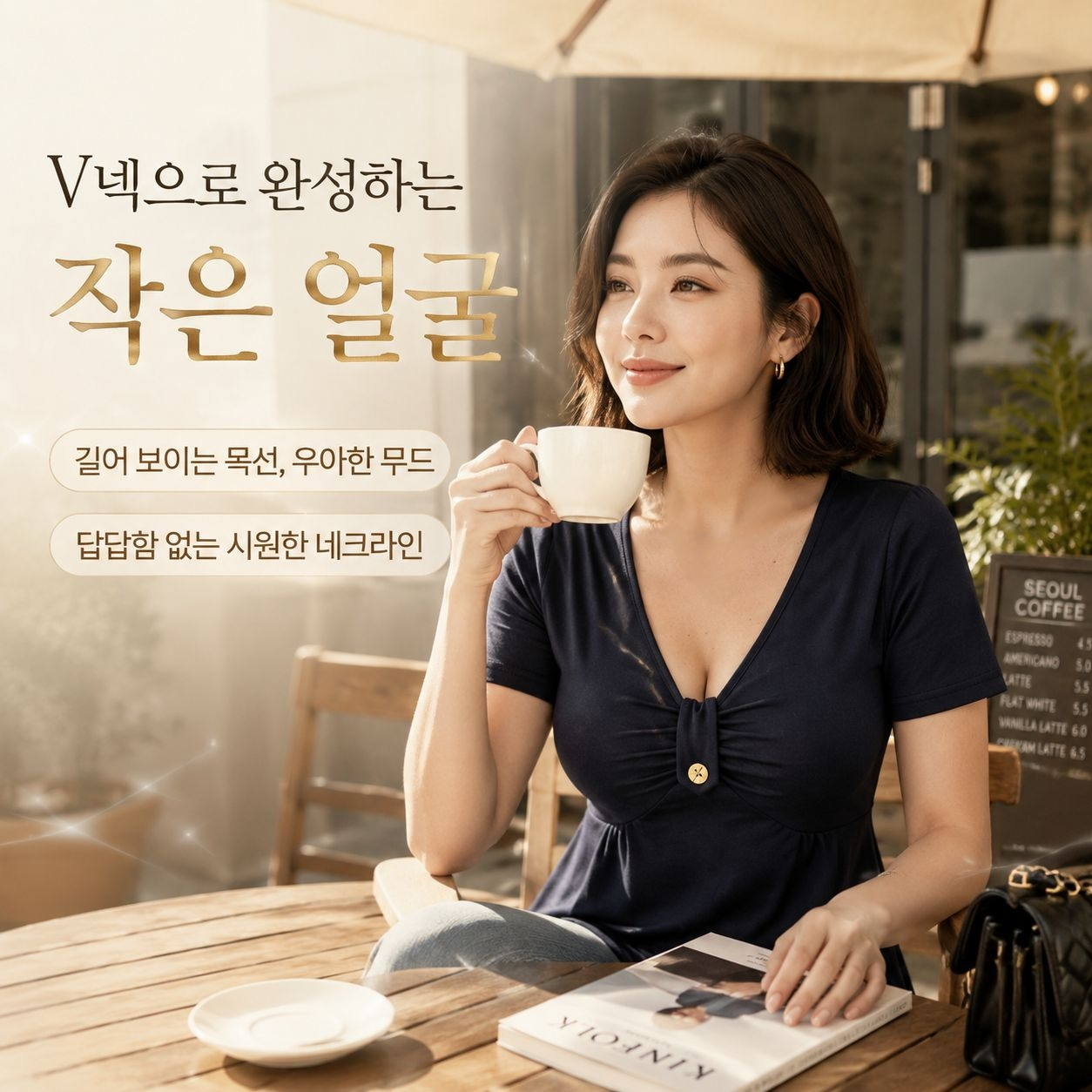 빅사이즈 V넥 버튼 반팔 상의, 패션 슬림핏 솔리드 티셔츠