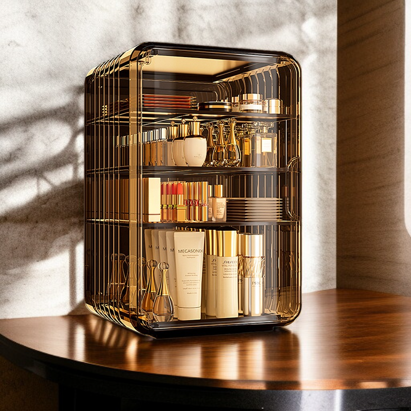 Multifunctional acrylic desktop skincare organizer holding cosmetics