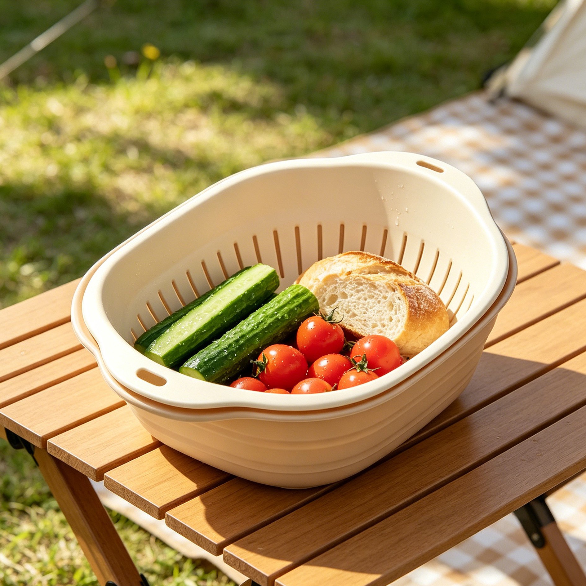 Portable folding fruit and vegetable draining basket in kitchen sink