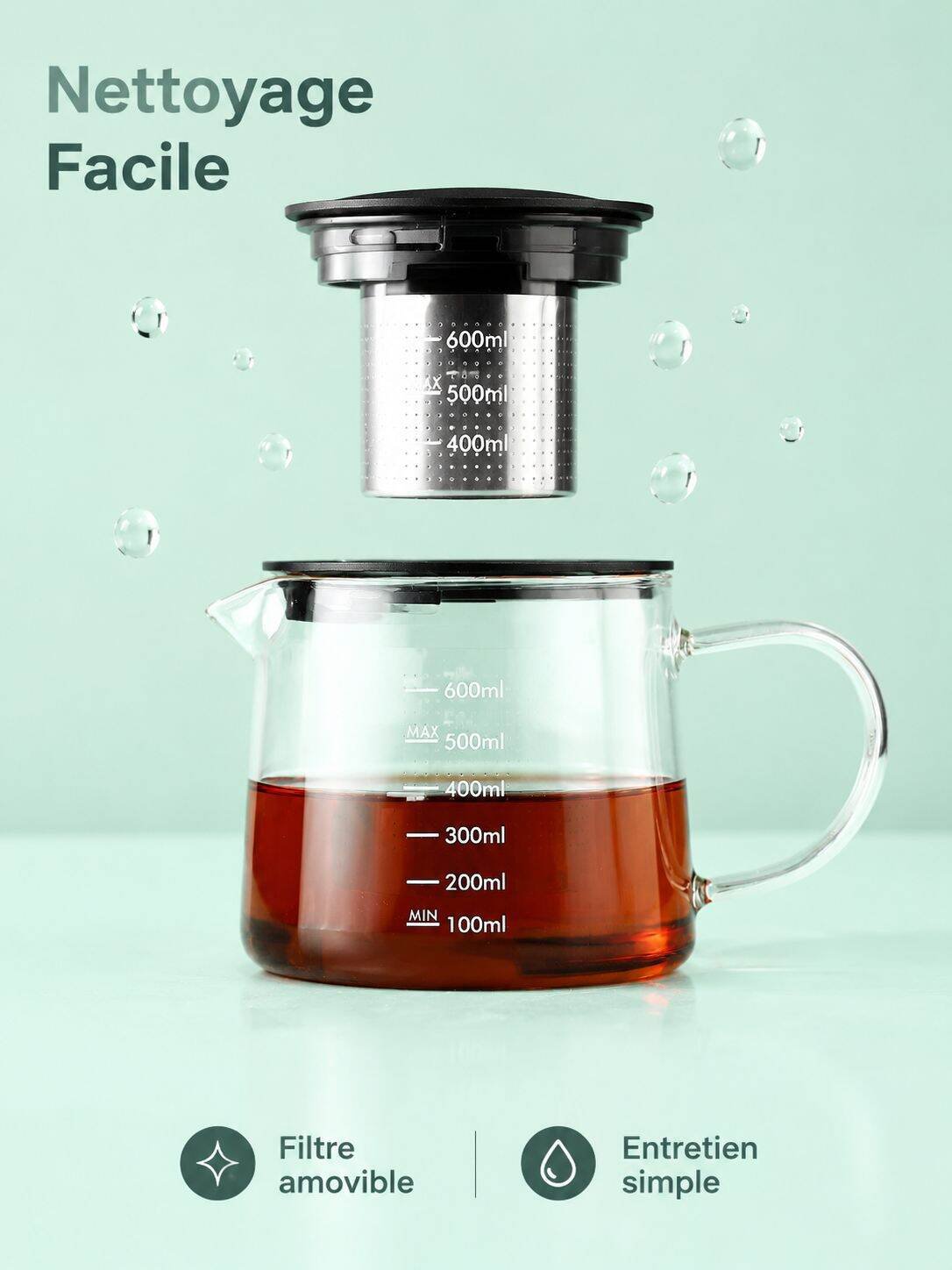 Grande cafetière en verre borosilicaté avec filtre en acier inoxydable