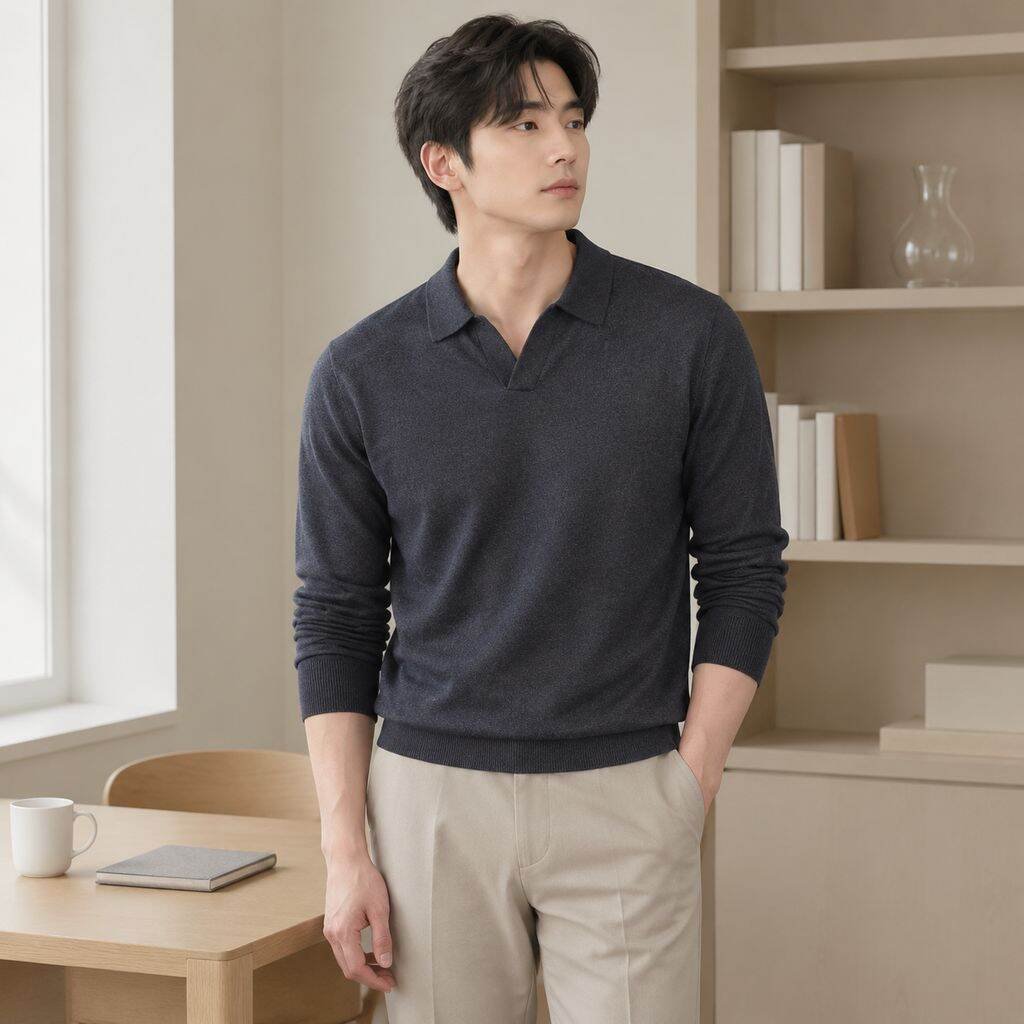 남성 울 실크 혼방 윙카라 긴팔 니트 스웨터 가을 겨울 이너