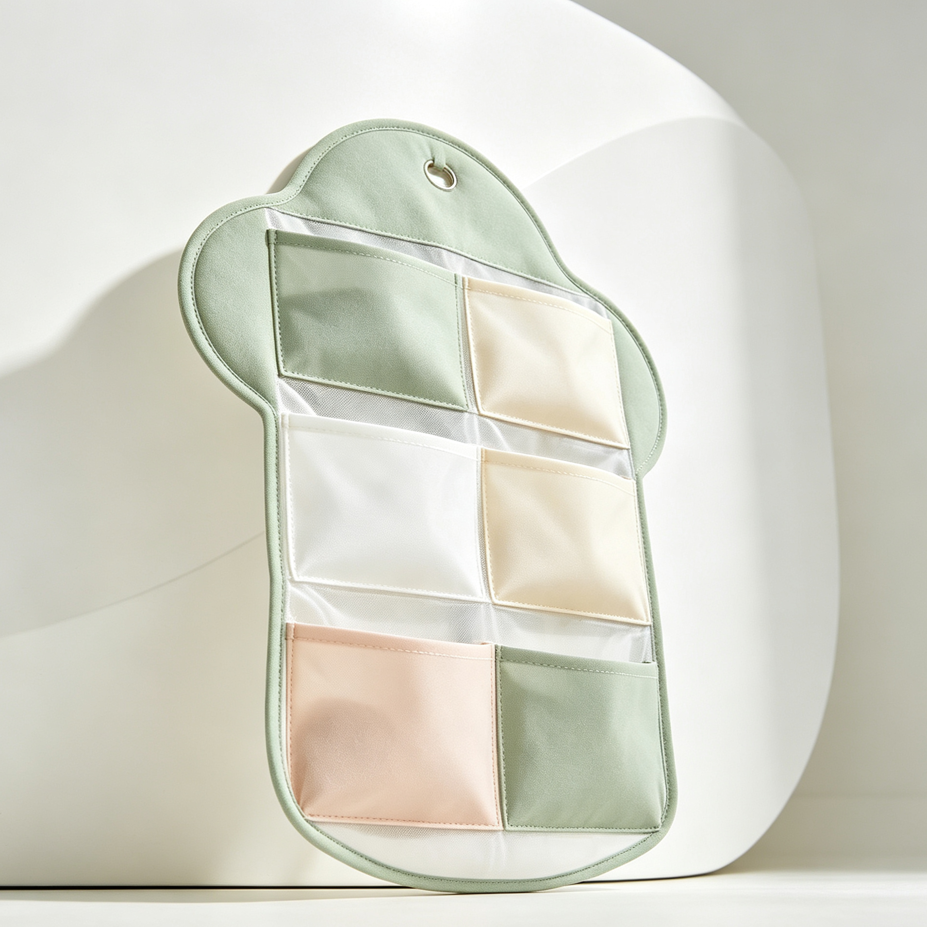 Close-up of fabric hanging storage bag with multiple pockets