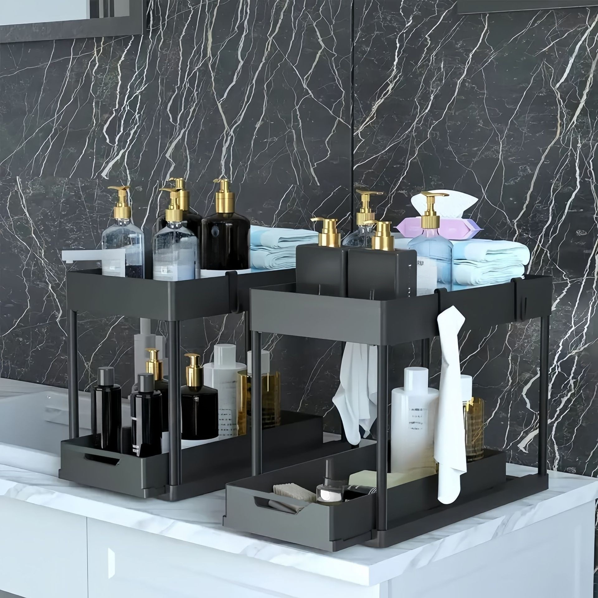 싱크대 아래 슬라이딩 수납 선반 2단 플라스틱 정리대