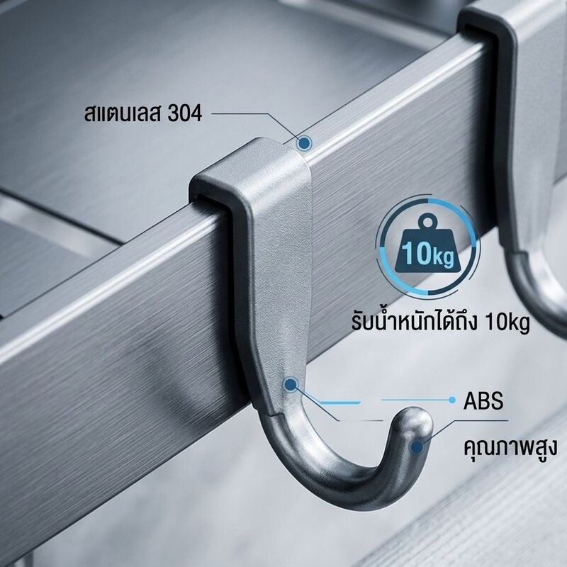 ชั้นวางเครื่องปรุงติดผนังพร้อมแท่งแขวนผ้าและตะขออุปกรณ์ครัว ชั้นจัดเก็บในห้องครัว