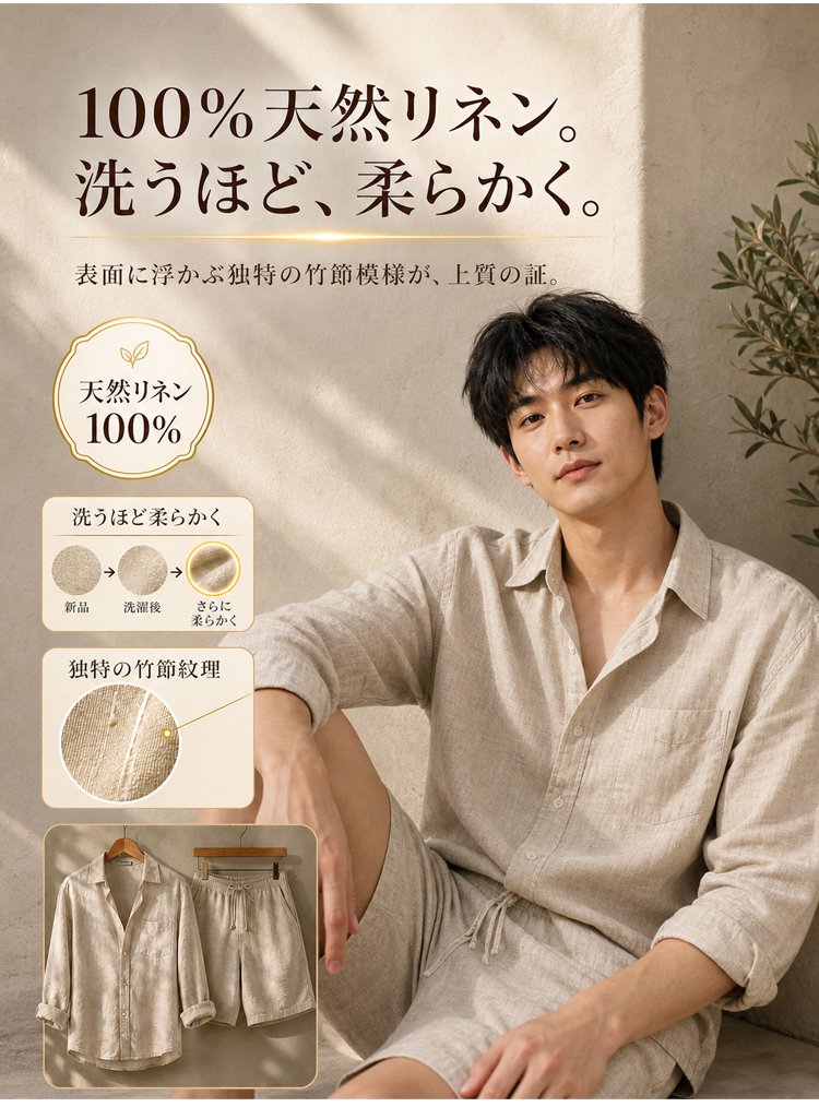 メンズリネン長袖シャツ+ショートパンツセットアップ - detail 28