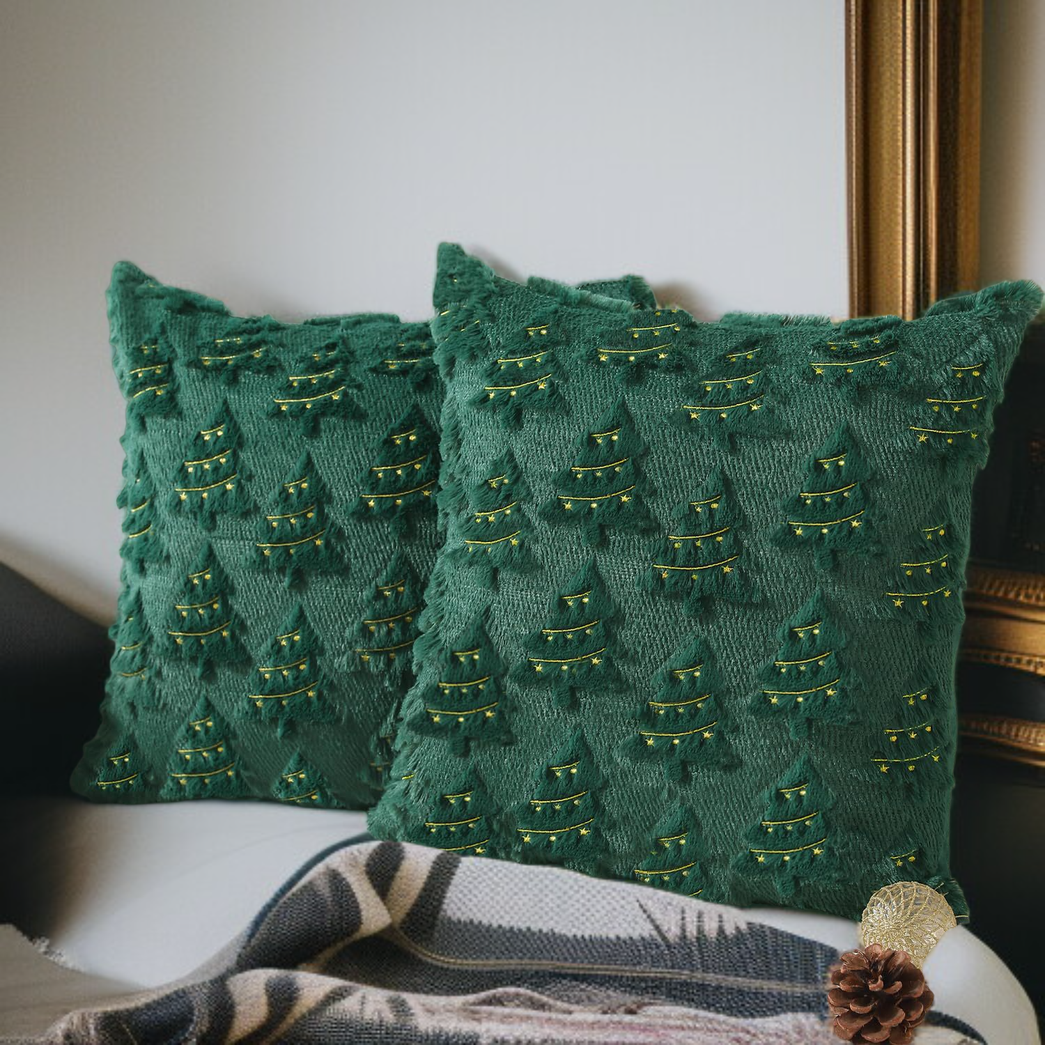 크리스마스 베개 커버 3D 플러시 자수 크리스마스 트리 베개 커버