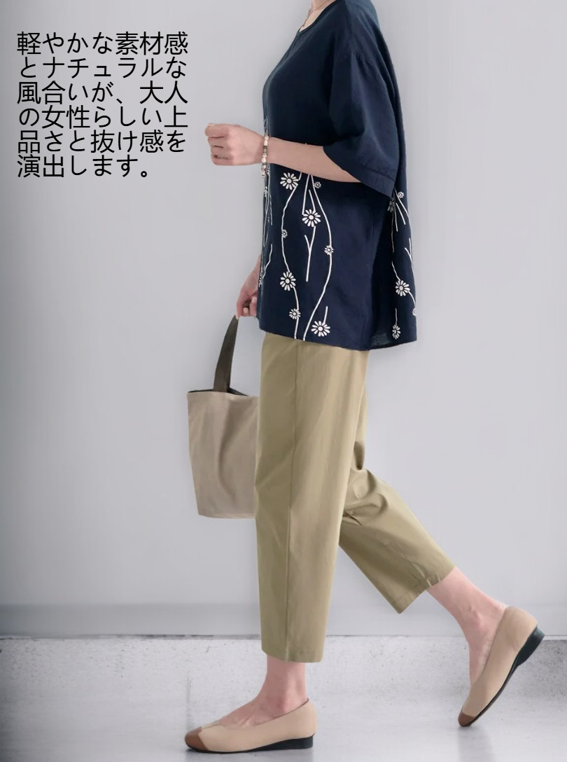 レディースカジュアルルーズコットンリネンTシャツ正面画像