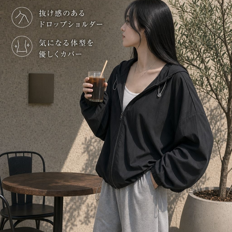 女性用薄手UVカットフード付きジャケット