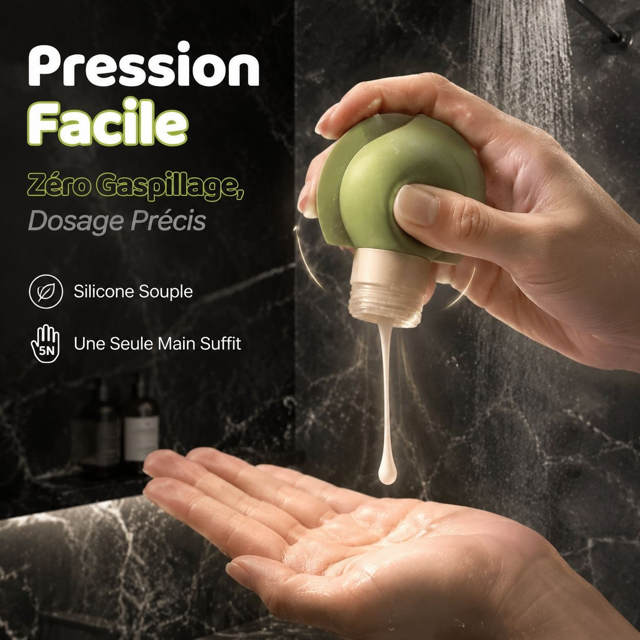 Flacon de voyage en silicone pour shampooing et gel douche
