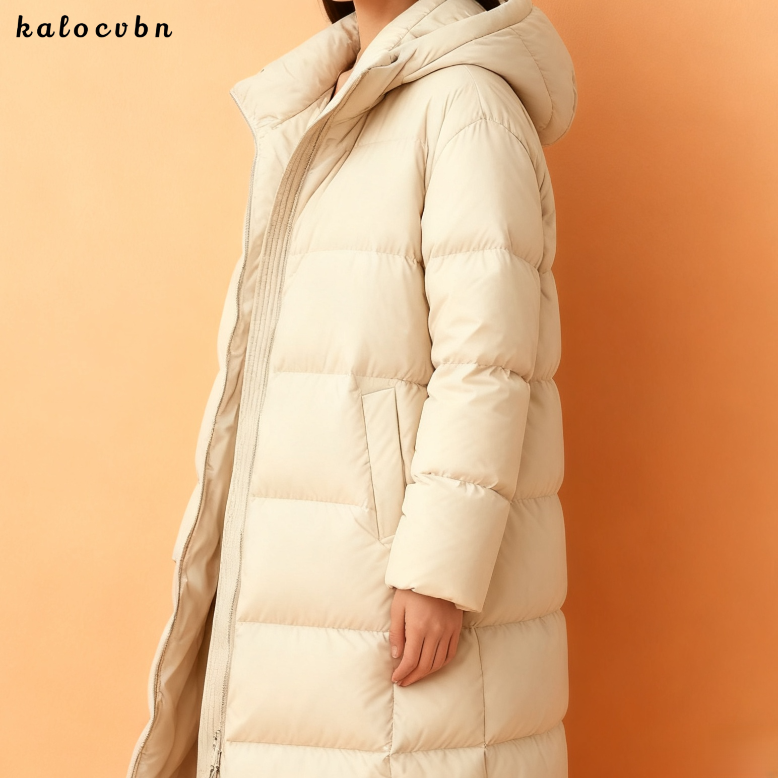 무릎 길이 후드 다운 재킷