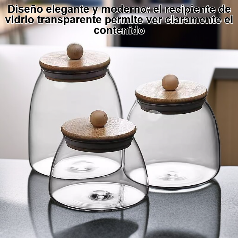 Recipiente para té de vidrio transparente con tapa de bambú y madera.