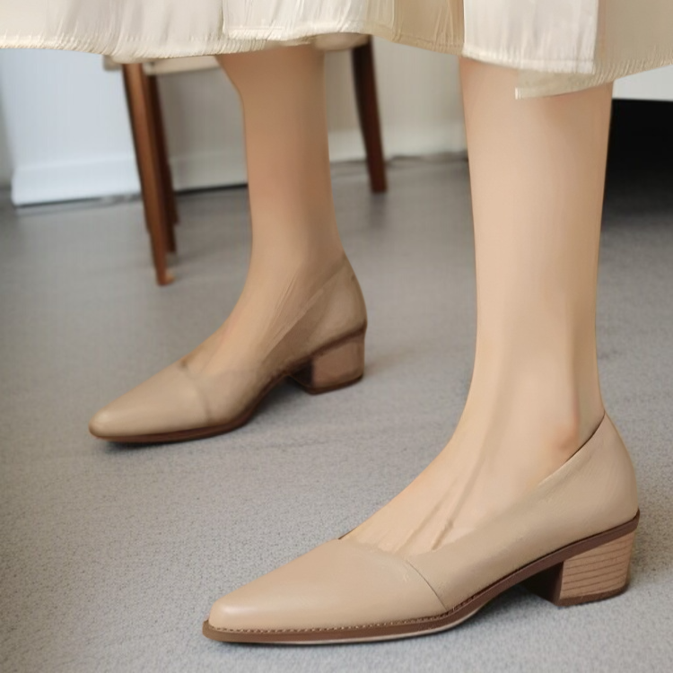 살구색 소프트 가죽 여성 스틸레토 단화 미들 굽 통굽 여성화