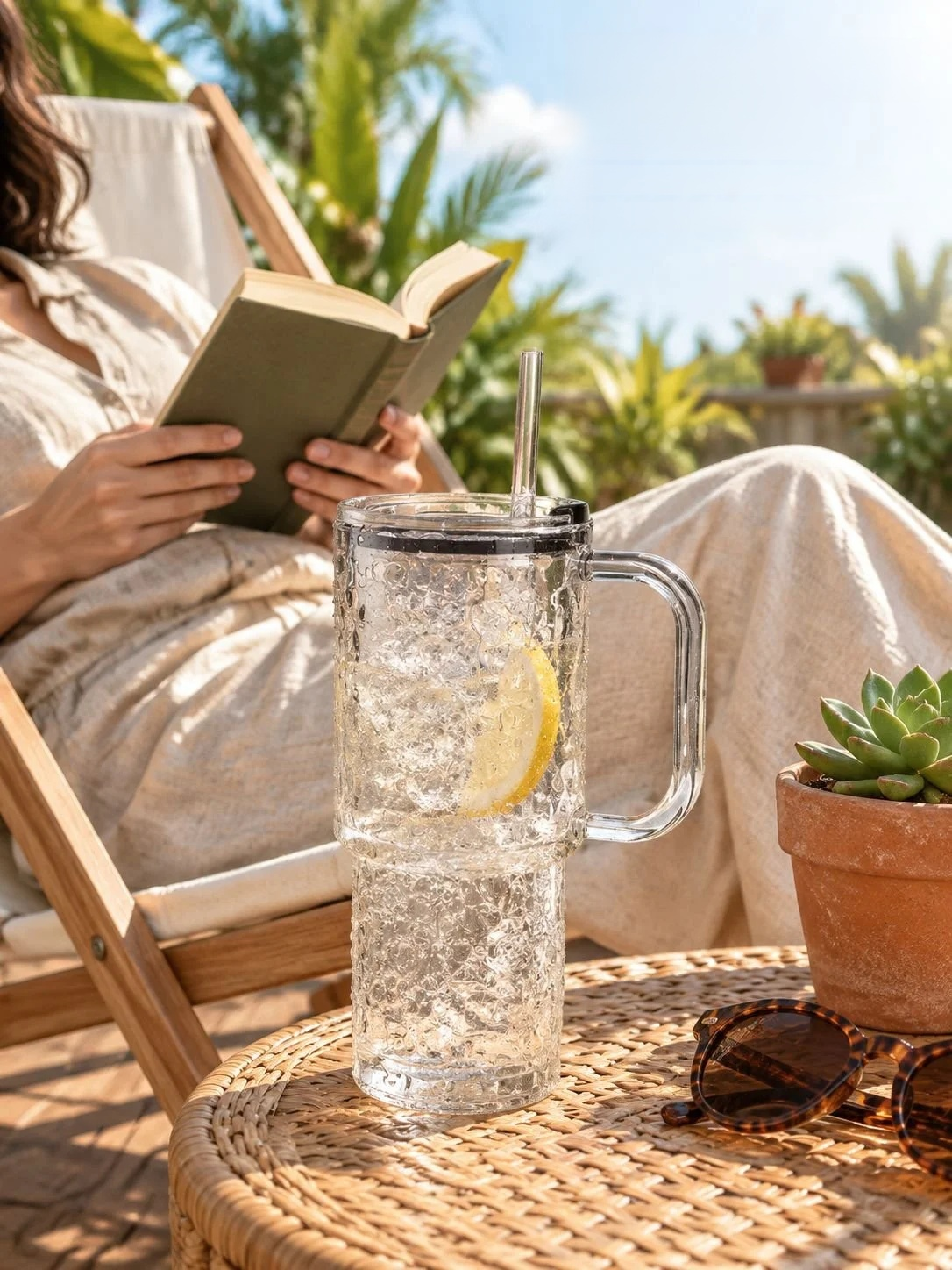 Portable handled glass cup for refreshing drinks