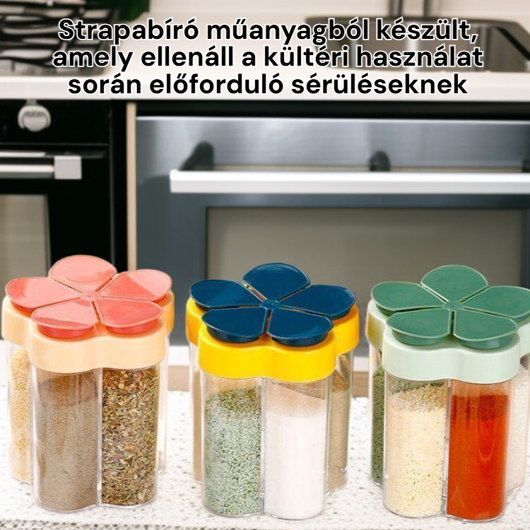 Többrekeszes műanyag fűszertartó doboz szabadtéri használatra sóhoz és MSG-hez