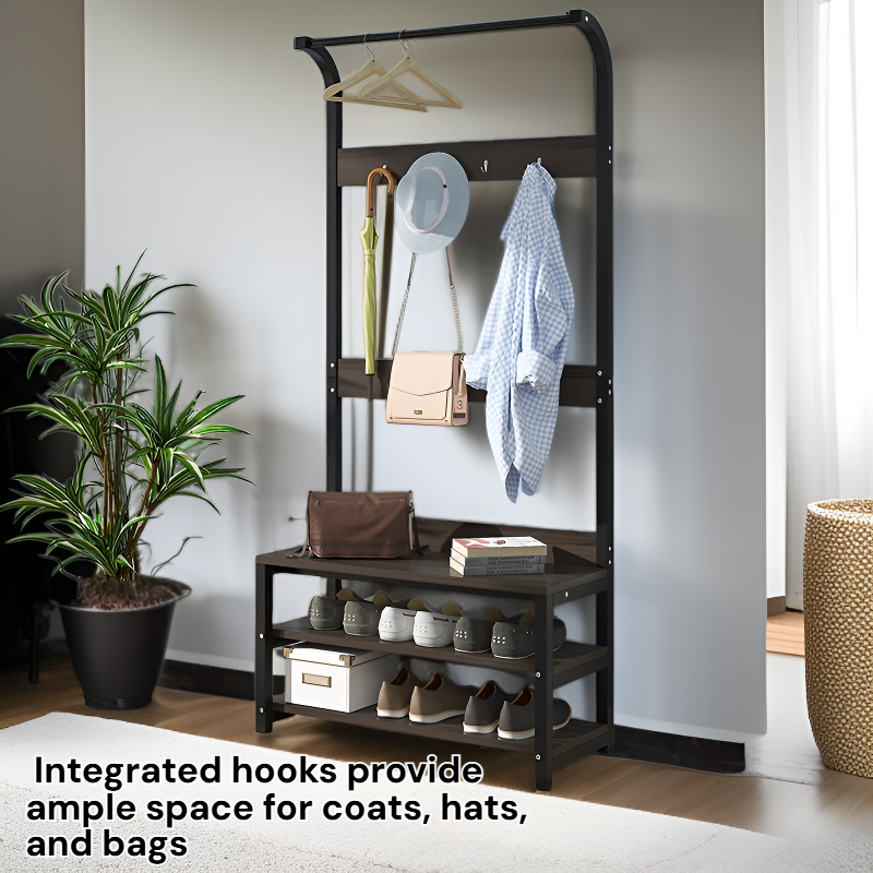 Wooden Hallway Stand with Integrated Hooks and Shoe Rack