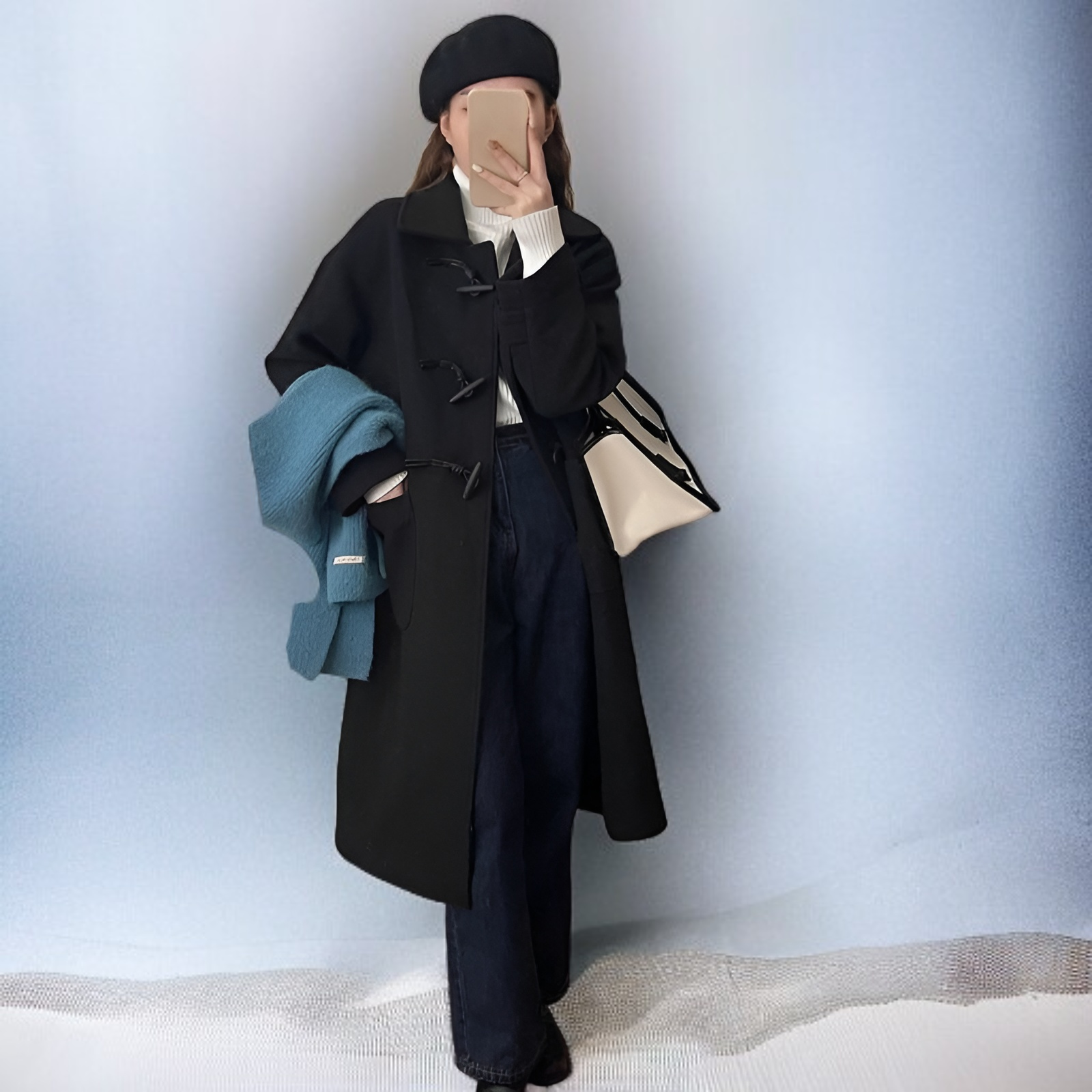 角ボタン付き和風ウールコート