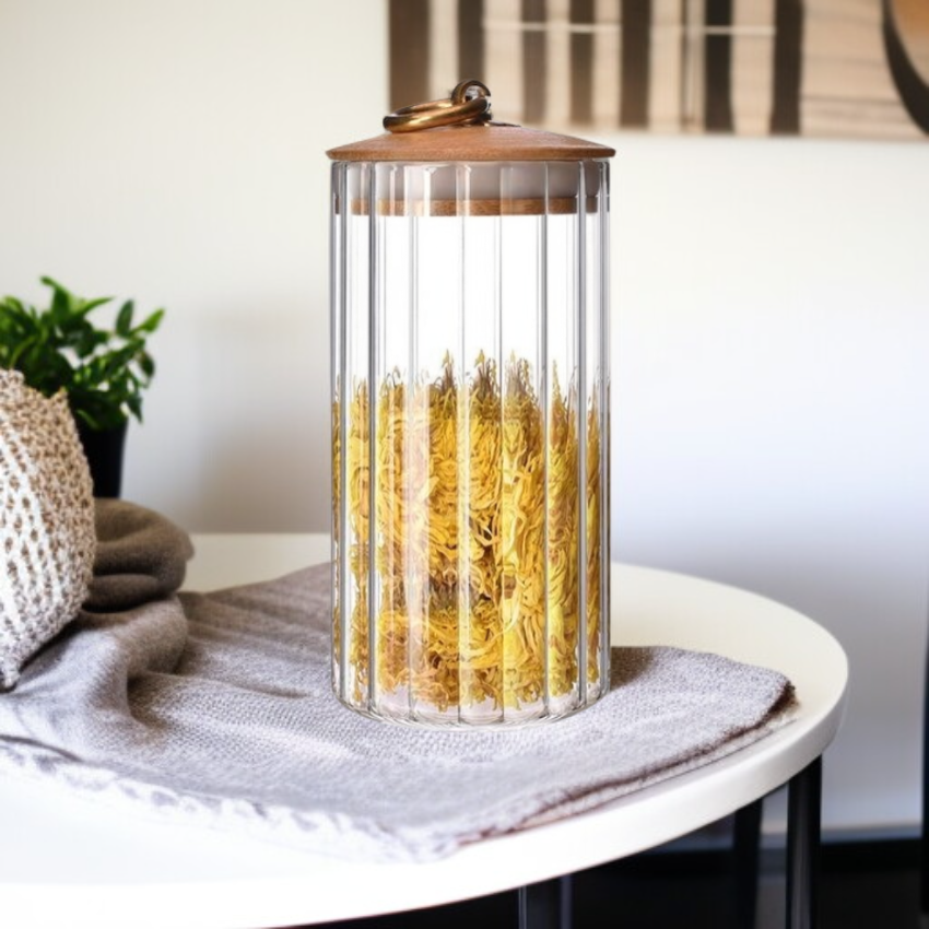 세로 줄무늬 유리 간식병 대나무 뚜껑 구리 링 밀폐 저장 용기